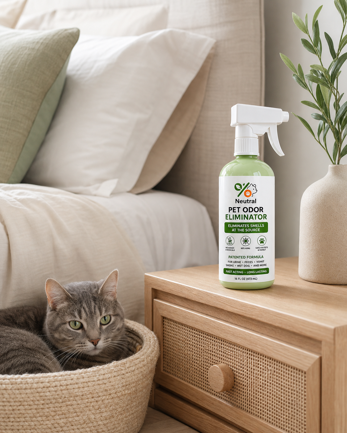 Cat relaxing beside Pawscent Neutral in a clean bedroom