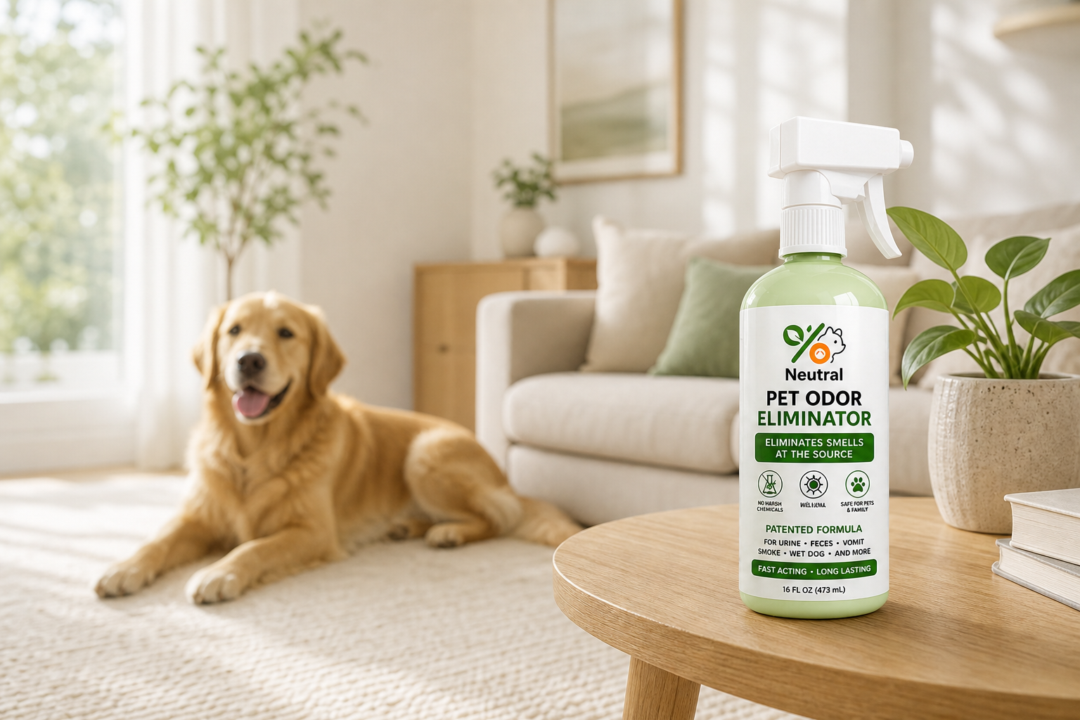 Pawscent Neutral and a golden retriever in a bright living room