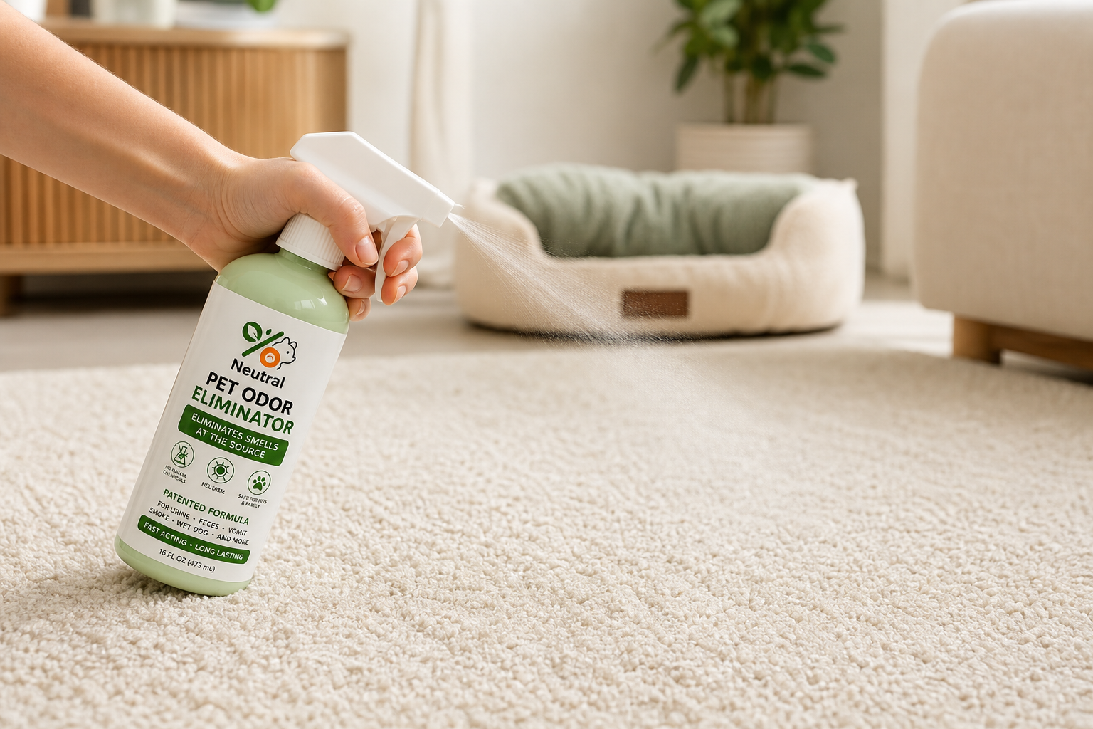 Pawscent Neutral being sprayed on a cream rug